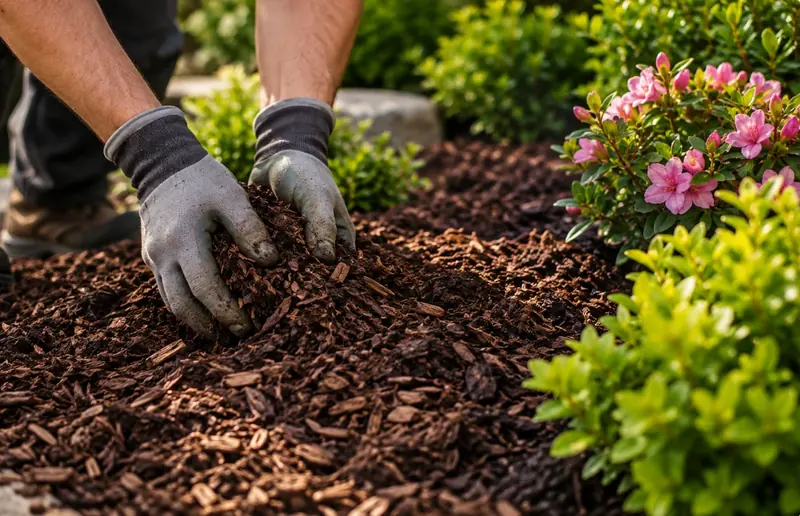 Gloved hands spreading dark mulch beside a flowering shrub