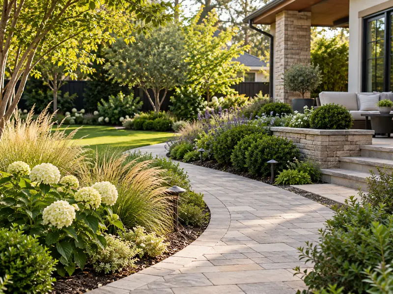 Curving paver walk through hydrangeas and ornamental grasses beside a stone patio