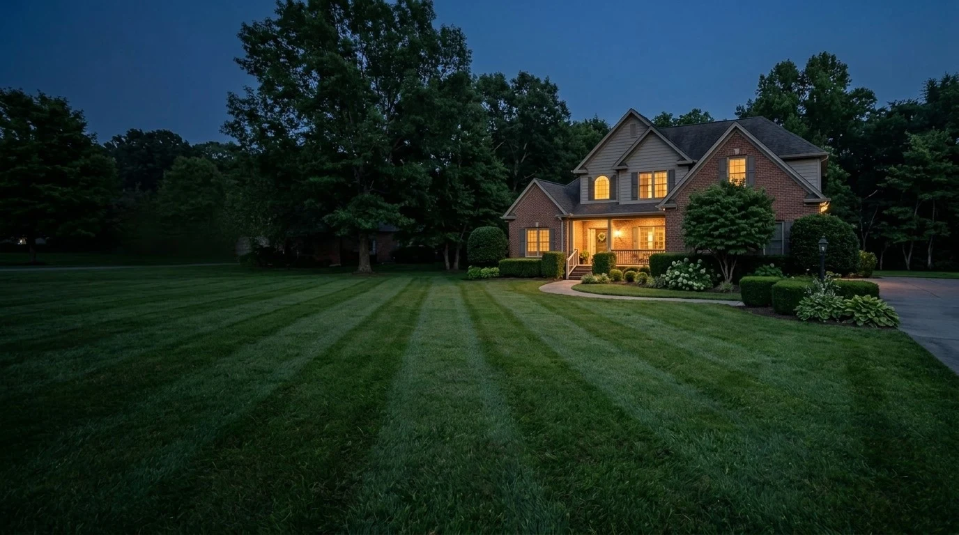 Freshly striped lawn at dusk in front of a brick home with lit windows