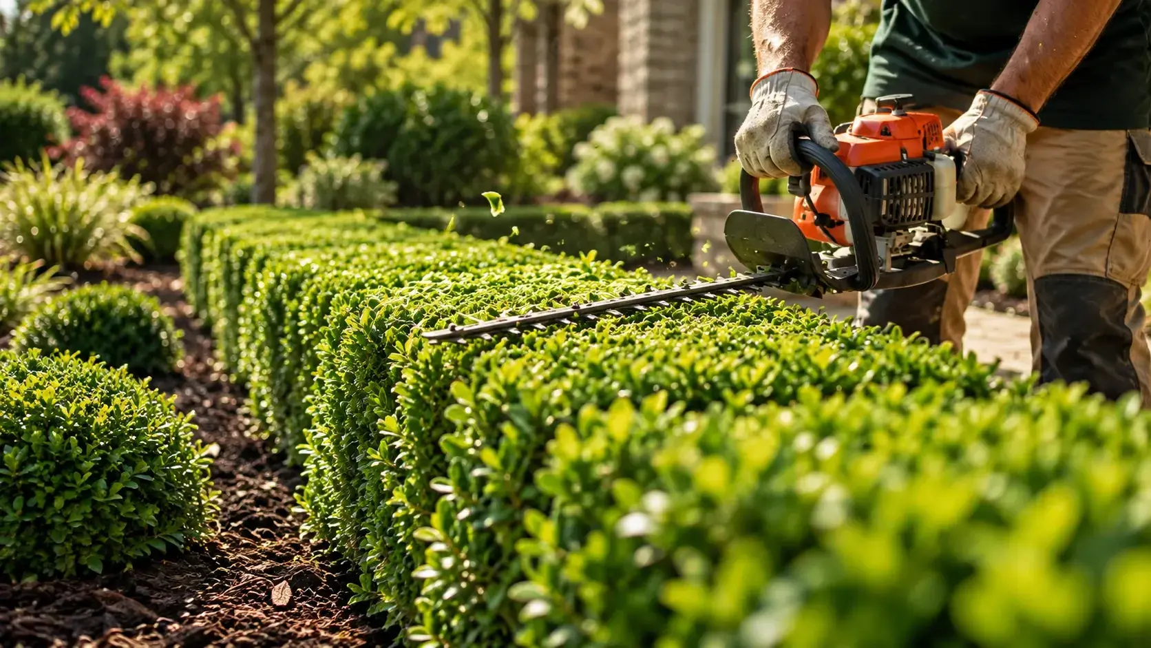 Crew member trimming a boxwood hedge with a petrol hedge trimmer