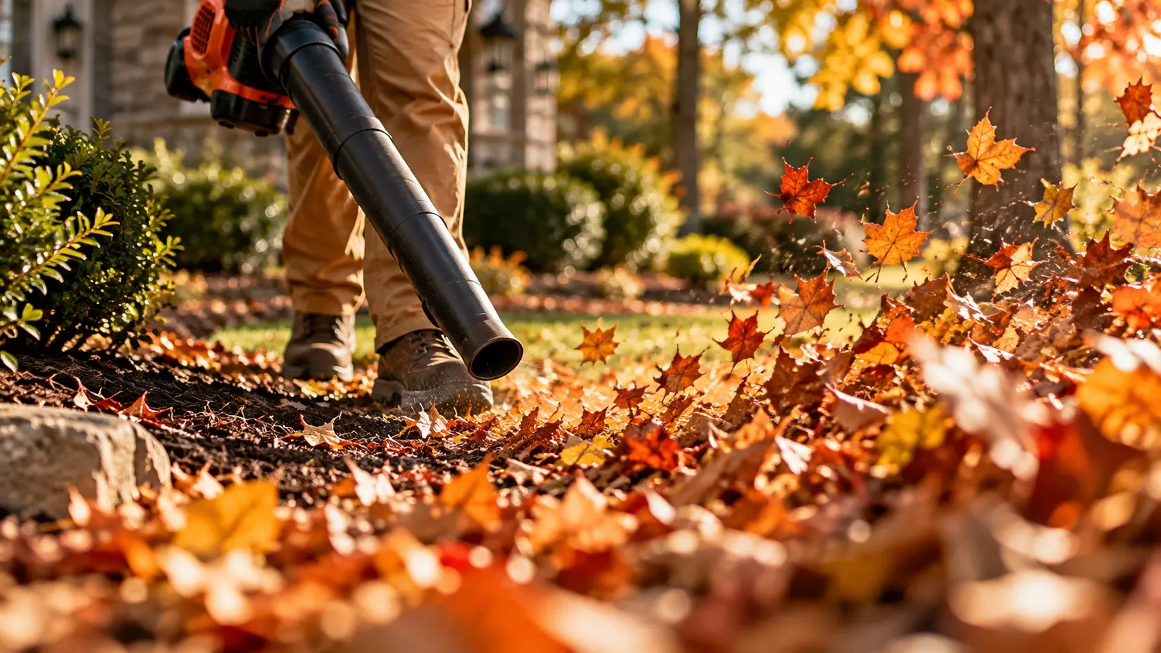 Crew member clearing fallen autumn leaves with a leaf blower