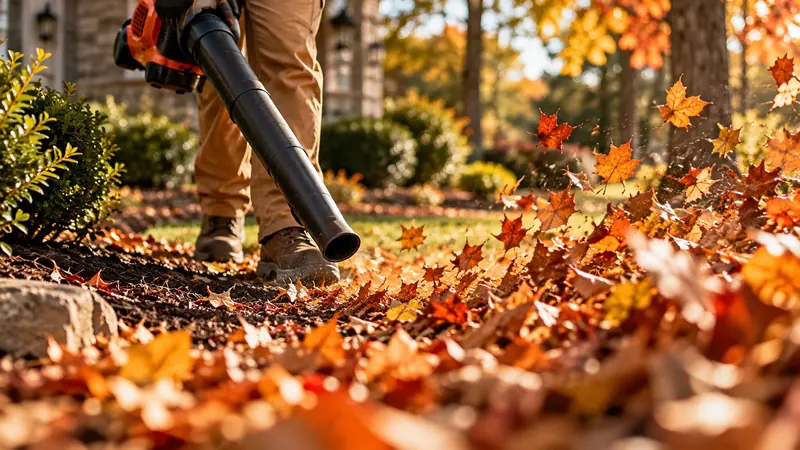 Crew member clearing fallen autumn leaves with a leaf blower