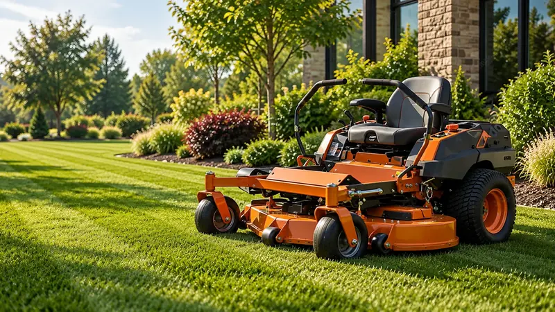Orange zero turn mower on a striped lawn beside landscaped beds