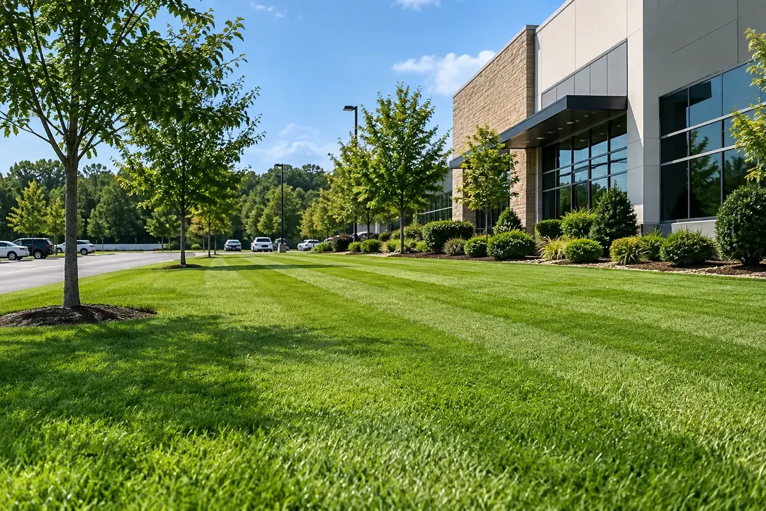 Freshly striped lawn and trimmed shrub beds along a commercial office building