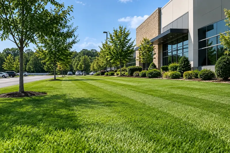 Freshly striped lawn and trimmed shrub beds along a commercial office building