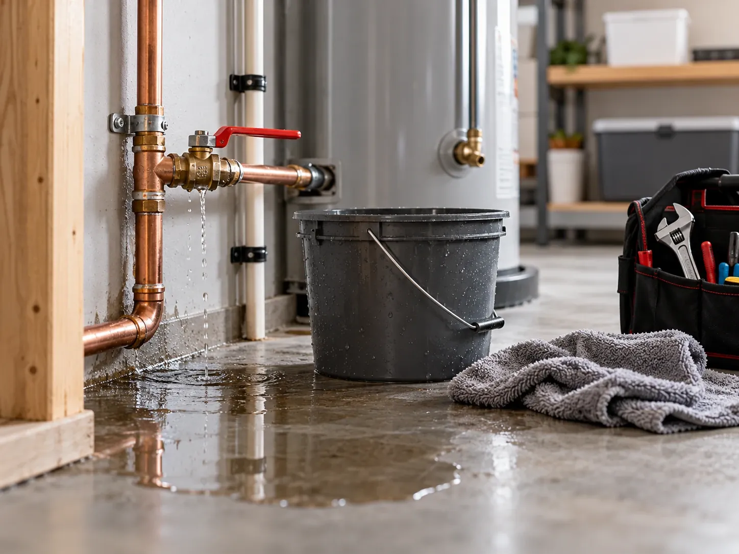 Dripping copper pipe joint and a water puddle on a basement floor beside a bucket and tool bag