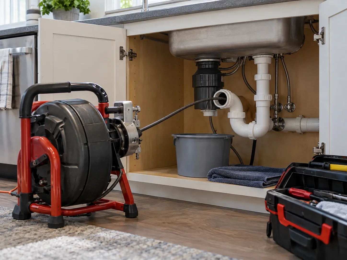 Red drain cleaning machine feeding a cable into the trap under a kitchen sink