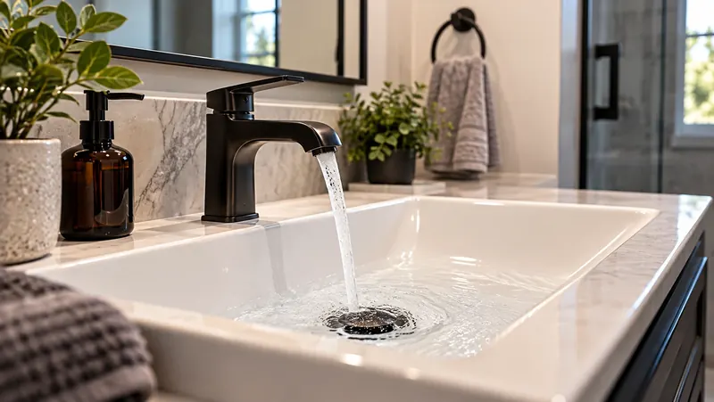 Matte black faucet running water into a white bathroom vanity basin