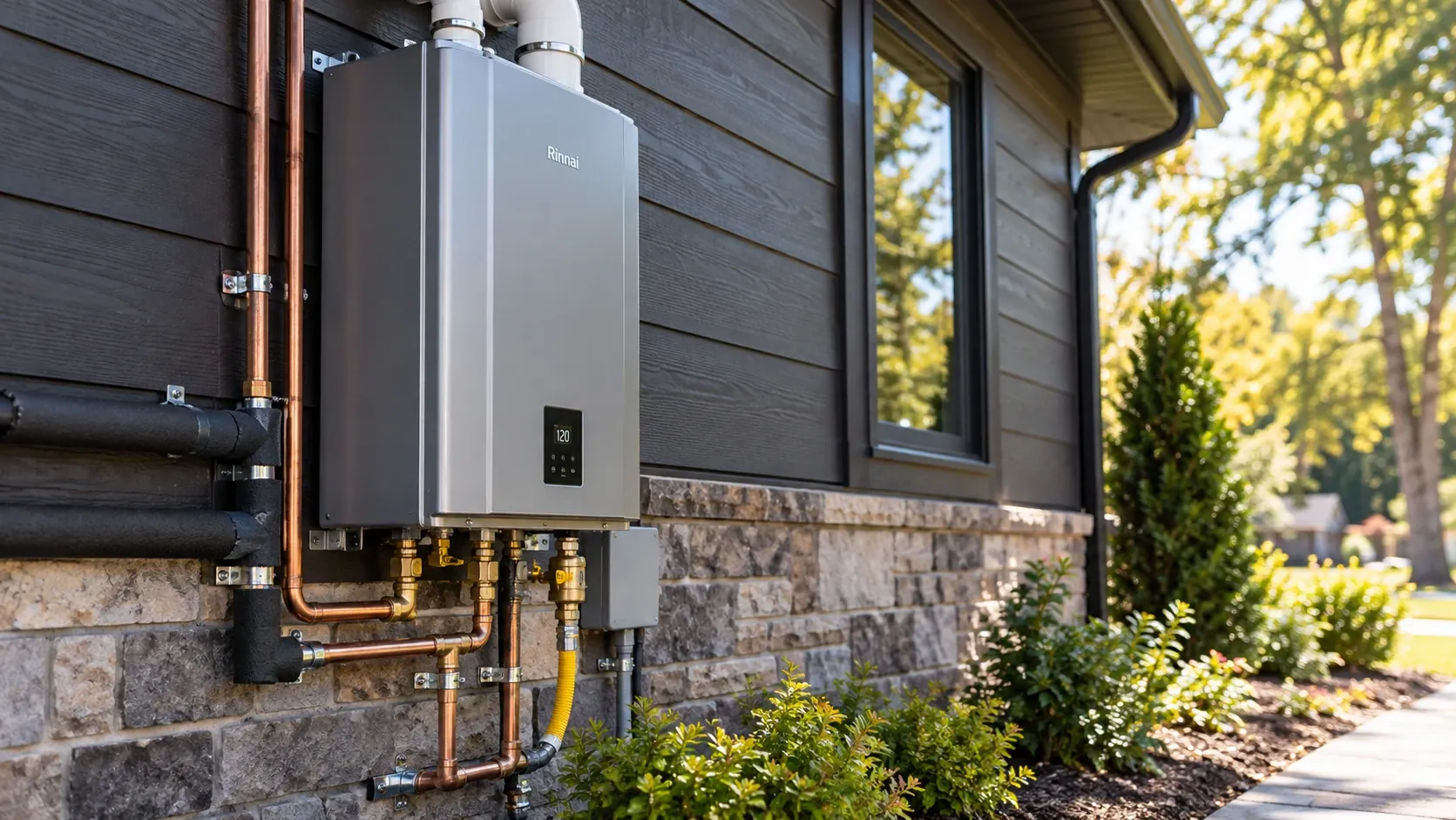 Wall mounted tankless water heater with copper and gas lines on the side of a house