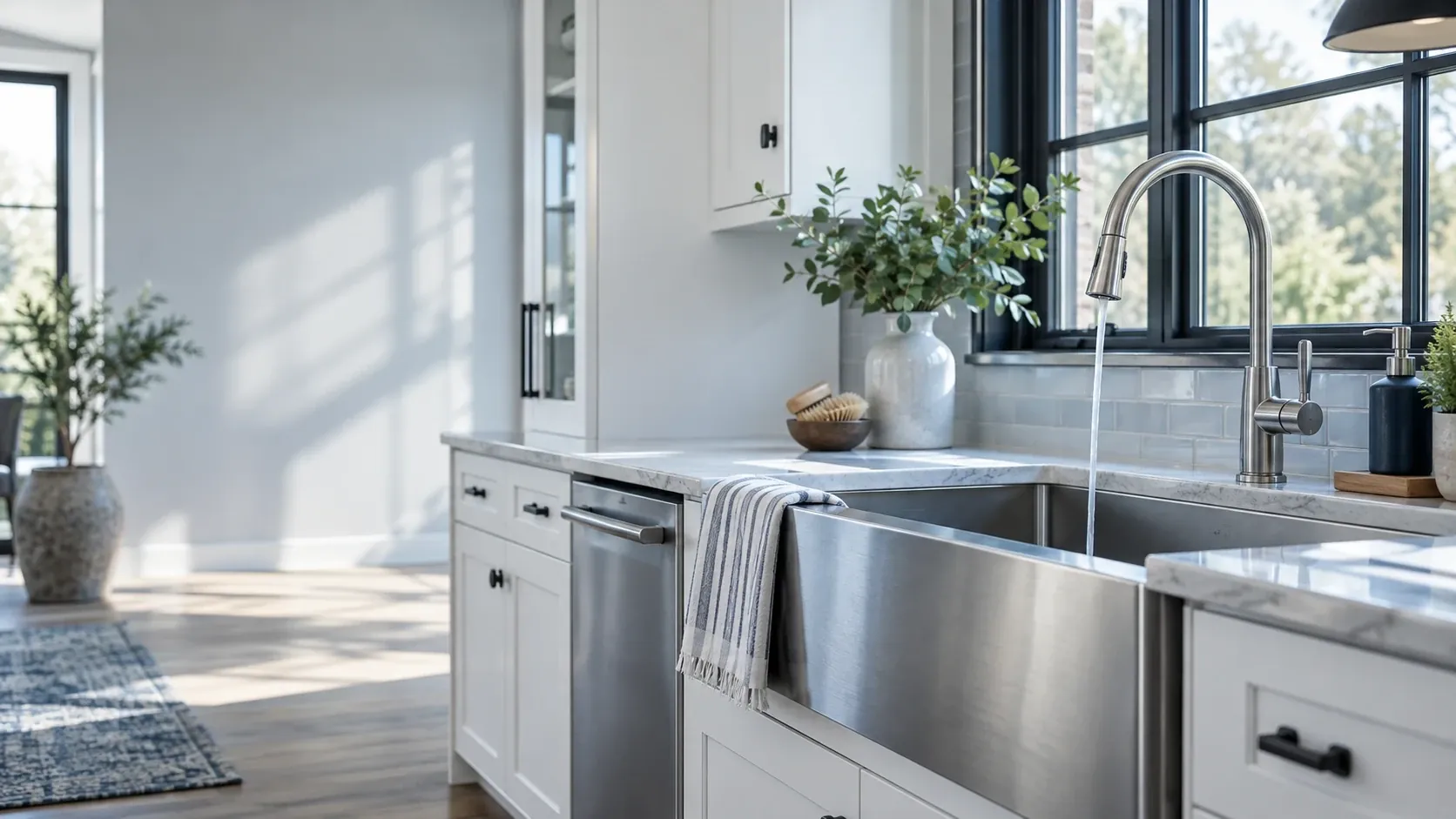 Stainless farmhouse sink with a running faucet in a bright white kitchen
