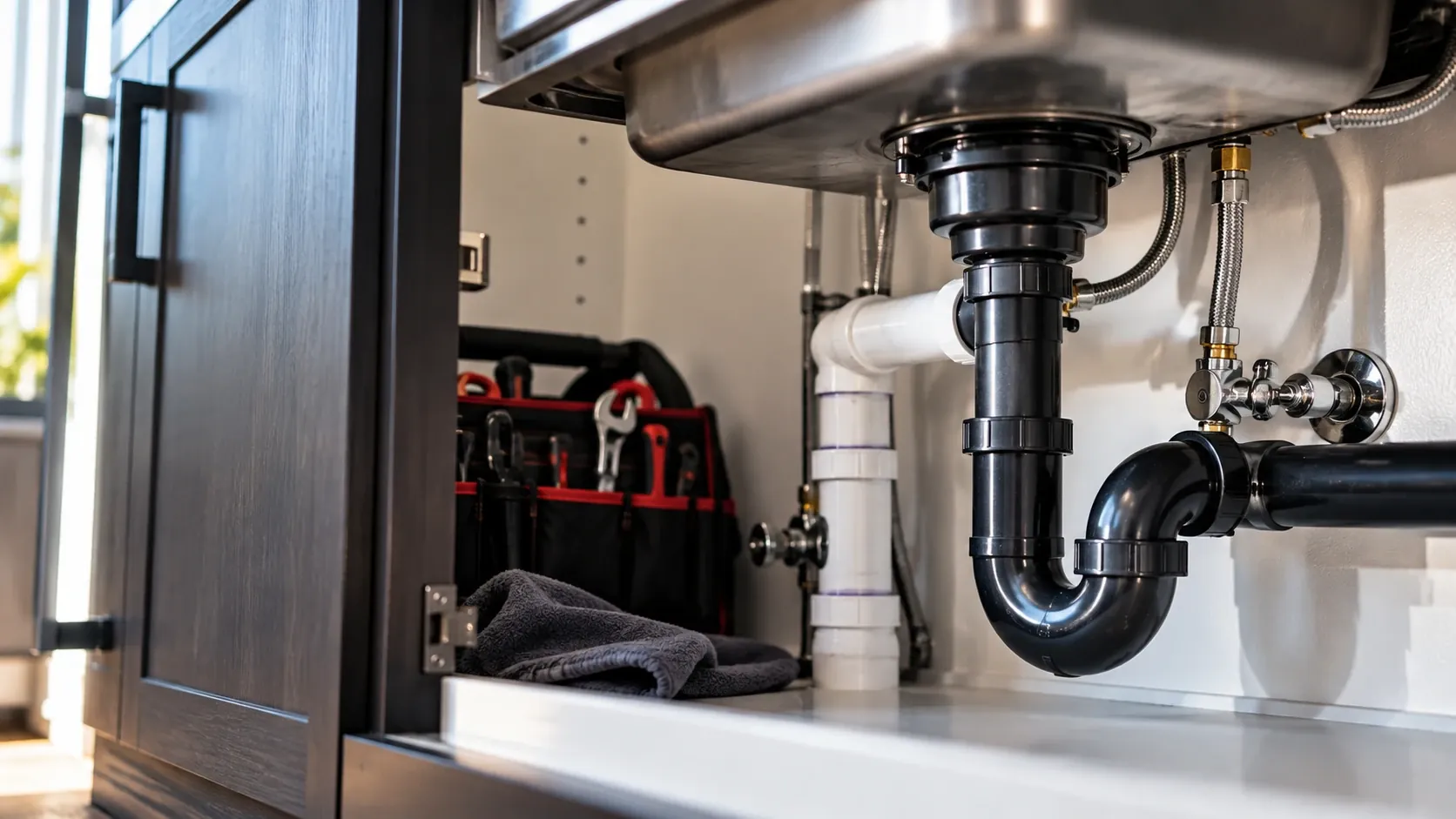 Open sink cabinet showing the drain trap, shutoff valves and a plumber's tool bag