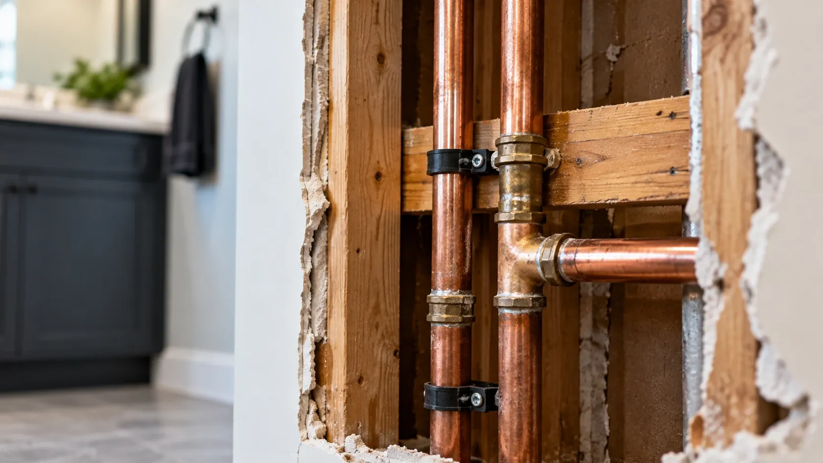 New copper supply lines with brass fittings run through an opened bathroom wall