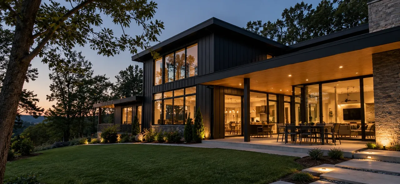 Modern custom home at dusk with a lit covered patio