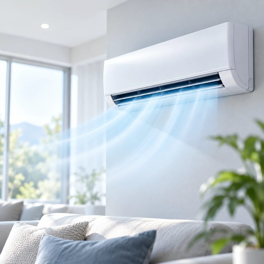 Wall mounted indoor unit sending cool air across a bright living room