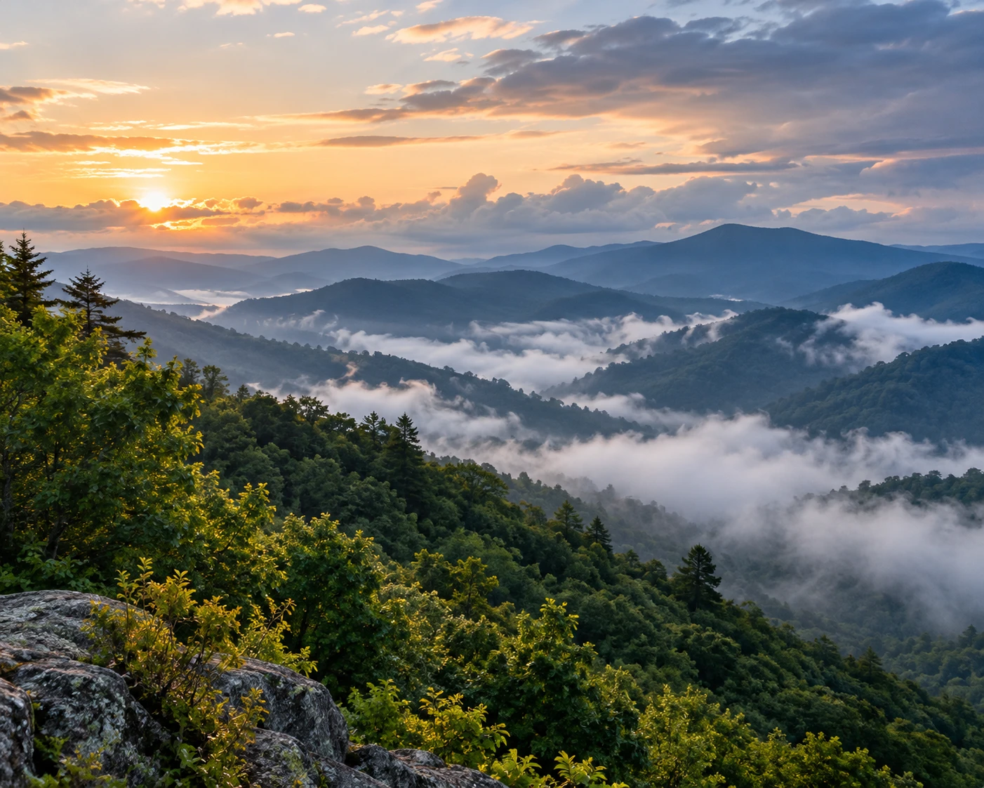 Sunrise over forested Smoky Mountain ridges with fog in the valleys