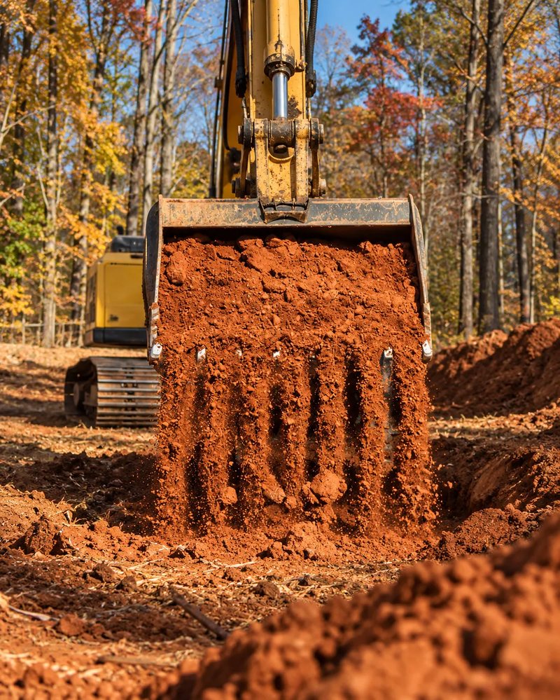 Excavator bucket dumping red clay in a wooded lot in fall