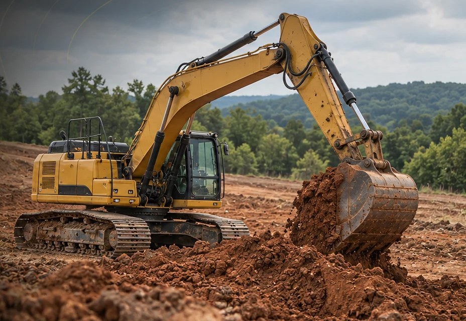 Yellow excavator digging red clay on a cleared lot in East Tennessee